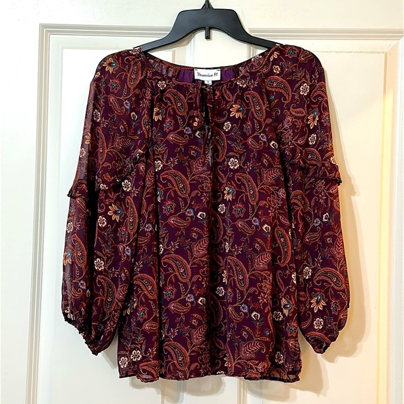 Veronica M Gredana Ruffle Chiffon Blouse- Top, Deep Plum Paisley, Women’s Small - Picture 5 of 14